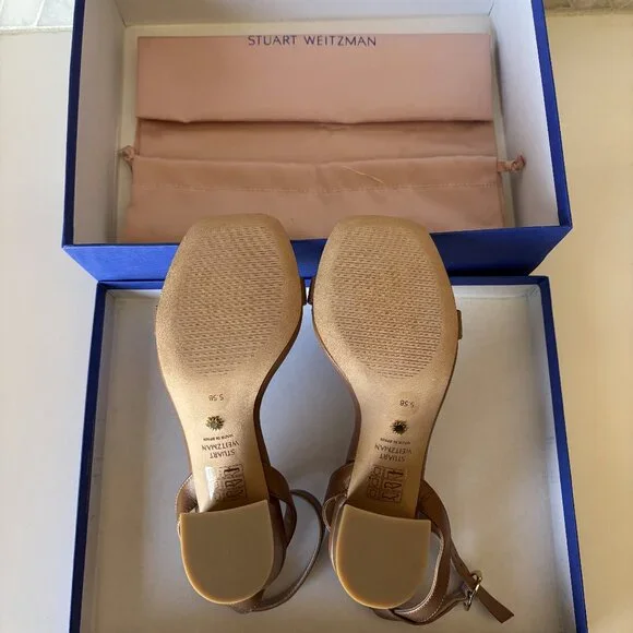 Stuart Weitzman S 5.5B Heeled Sandal with Strap Buckle Tan Brown Nearly Bare New - Picture 7 of 9